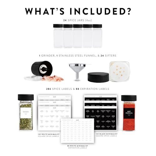 Glass Spice Jars with Label 24 PK (Square Spice Jars with Black Lids)
