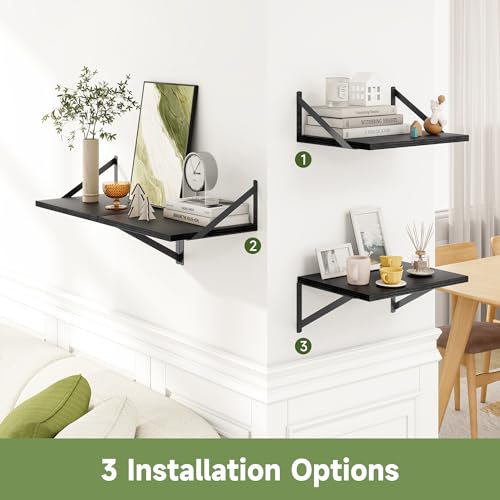 16W x 12D Deep Floating Shelves Set of 4 Black (Black With Black Metal Bracket / 16wx12dx5.8h)
