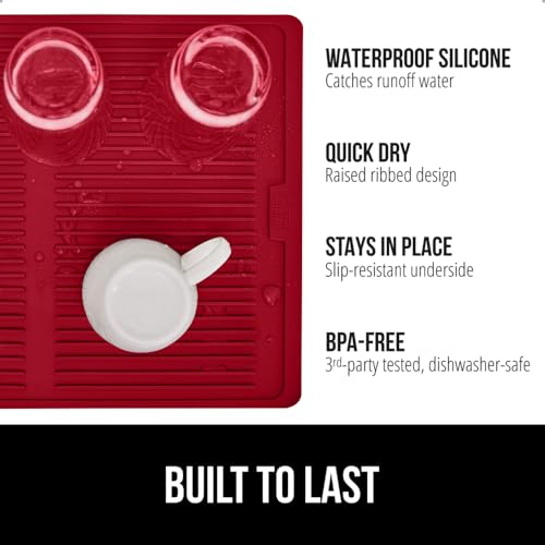 Patented BPA Free Silicone Dish Drying Mat (18" x 16" / Silicone / Red)