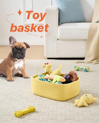 Small Woven Storage Basket for Organizing (Yellow / 13.5"L x 9.5"W x 5"H)