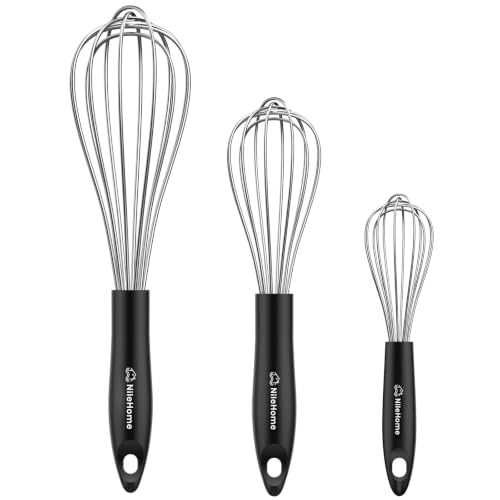 Whisk Set 8" 10" 12" Kitchen Whisk (Black-Silver / 3 Piece)