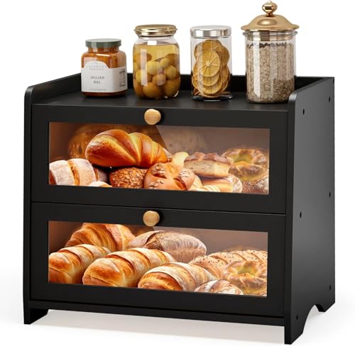 Double Layer Bread Box Container for Kitchen Countertop Homemade Bread (Black / 2 Tier-Large)