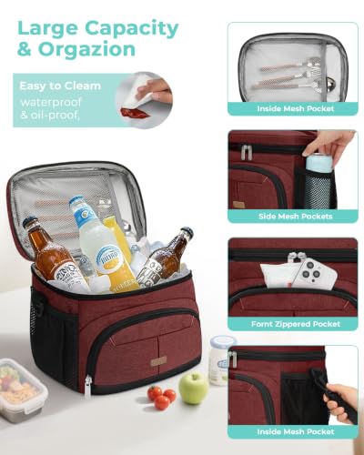 Lunch Box for Men Women Insulated Lunch Tote Cooler Bag Lunchbox (Wine / Large)