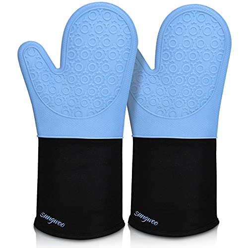 Silicone Oven Mitts (Sky Blue & Black / 14.6in Oven Mitts)
