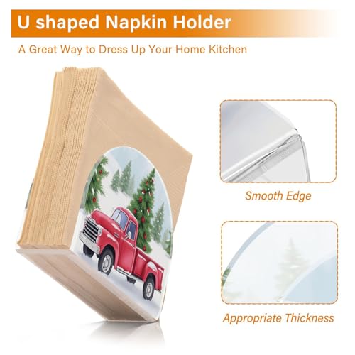 Christmas Red Truck Pine Tree Napkin Holder for Table Paper Napkins Holder Acrylic Tissue Dispenser Kitchen Dining Room Bathroom Party Car Decor (NH014 / 4.1x4.9x1.97in)
