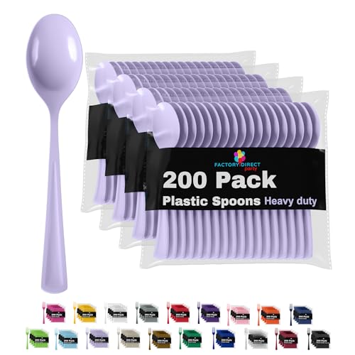 Party Solids Lavender Plastic Spoons 200 Pcs Lavender Spoons Disposable Utensils Heavy Duty Plastic Cutlery Set Disposable Cutlery Sets Flatware Sets Silverware Set Party Supplies & Party Tableware (Lavender / Spoons)