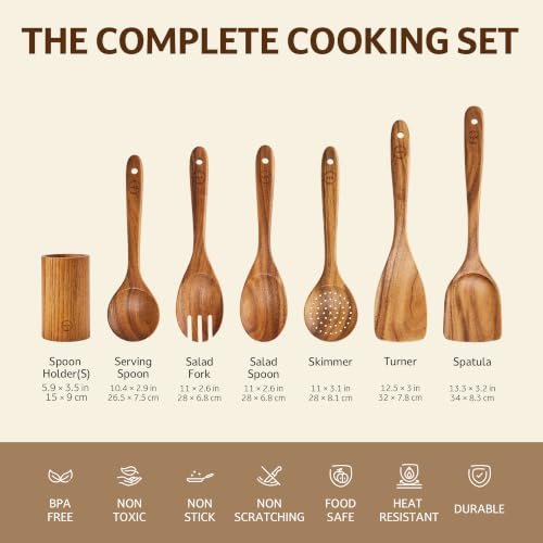 7 Piece Teak Wood Cooking Utensil Set with Holder (7 PCS Set)