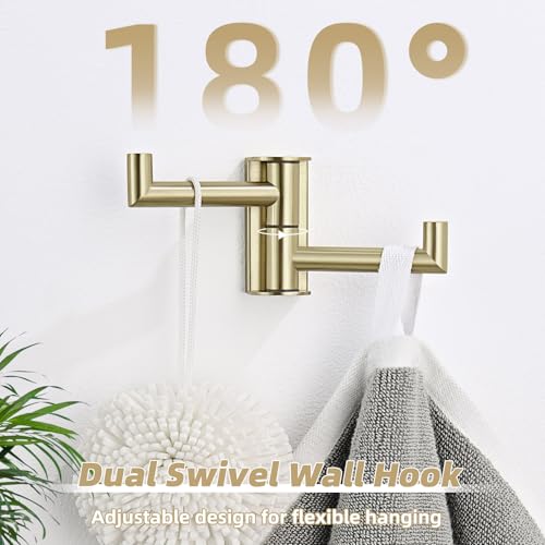 Brushed Gold Swivel Towel Hook with 2 Rotating Arms (1 Pack / Brushed Gold)