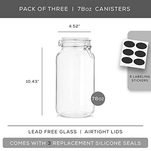 Airtight Glass Jars with Lids Set of 3. 78oz Glass Jar with Lid and 6 Silicone Seals! Large Glass Food Storage Containers. Square Mason Jar