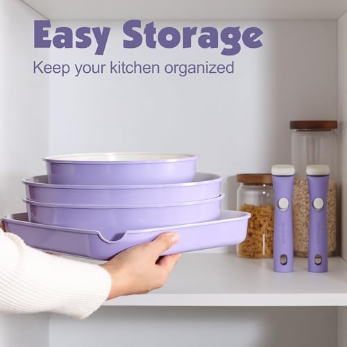 17 Piece Ceramic Detachable Handle Pots and Pans Set Purple (Purple / 17 Piece)