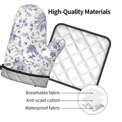 Chinoiserie Flower Oven Mitts and Pot Holder Blue Leaves Heat Resistant 2Pcs Washable Oven Gloves Hot Pads for Kitchen Baking Grilling BBQ (Chinoiserie Flower)