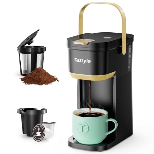 Mini Single Serve Coffee Maker for K Cups and Grounds with Handle (Black and Gold)