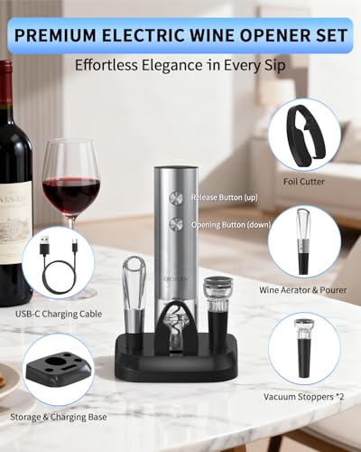 Electric Wine Opener Stainless Steel Rechargeable Automatic Wine Bottle Opener Set 7 (7-in-1 Silver / Rechargeable)