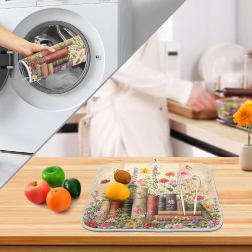 Vintage Books Shelf Dish Drying Mat for Kitchen Counter Absorbent Microfiber Large Drying Pad Dish mats for Kitchen Countertops 18 x 24 Inch (Vintage Books Shelf / 24" x 18")