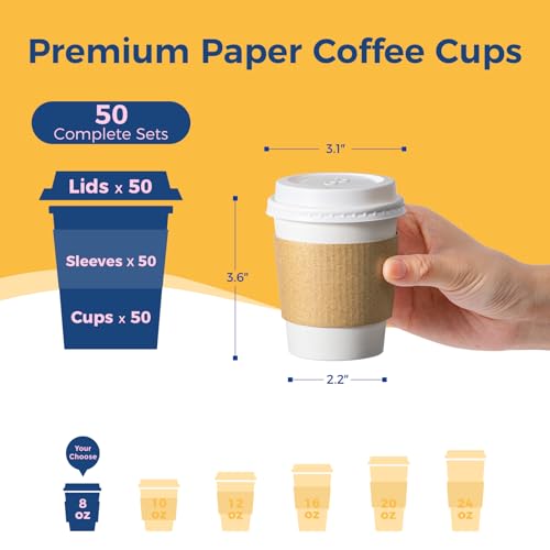 50 Pack 8 oz Disposable Coffee Cups with Lids (8 oz / Classic)