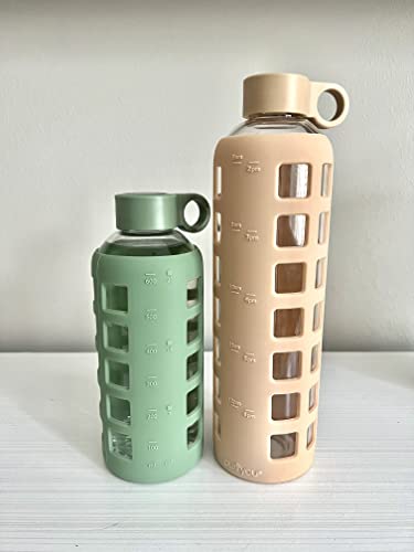 40oz / 32oz / 22oz / 12oz Borosilicate Glass Water Bottle with Time & Volume Markers, Silicone Sleeve, Stainless Steel Lid | Reusable Glass Bottle for Water & Juice (22oz Shale Green) (Shale Green (1 Count) / 22 Ounces)
