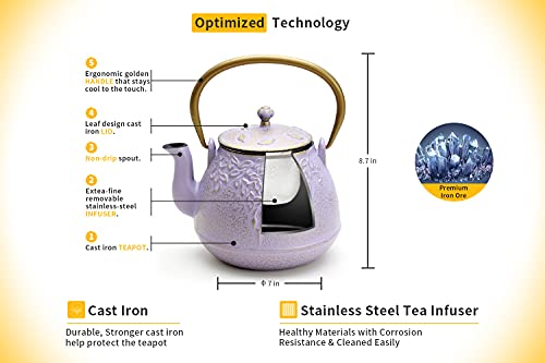 Tea Kettle TOPTIER Japanese Cast Iron Teapot with Stainless Steel Infuser (1.3 Quarts / Lilac Purple)