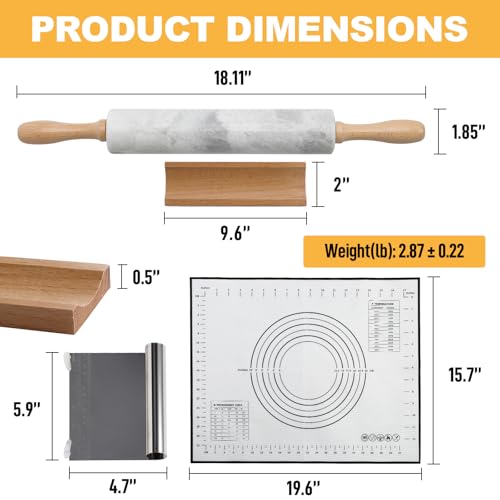African Natural Marble Rolling Pin (White and Grey Marble with Pastry Mat)
