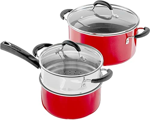 54C-11R 11-Piece Ceramica XT Nonstick Cookware Set, Red/Stainless Steel (Red w/Grey Interior / Cookware Set)