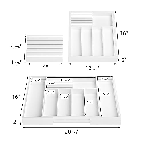 Silverware Drawer Organizer Bamboo Knife Organizer Drawer Insert Expandable Utensil Holder for Kitchen Drawer Flatware Holder W12.8 (White)
