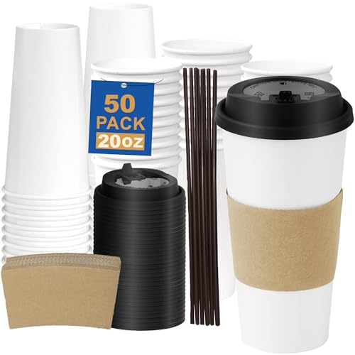 20 oz 50 Pack Coffee Cups with Lids and Sleeves (White- 50packs / 20 oz)