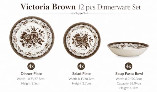 12 Piece Porcelain Dinnerware Set for 4 (Victoria Brown / 12)