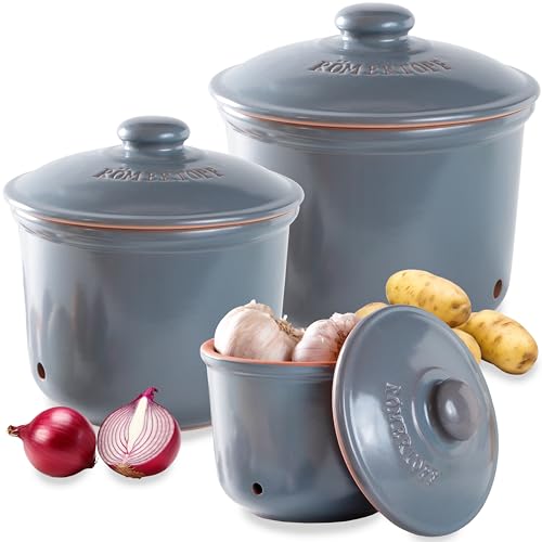 Romertopf Freshness Storage Potato Onion Garlic Clay Pot Set of 3 with Lids (Blue-gray)