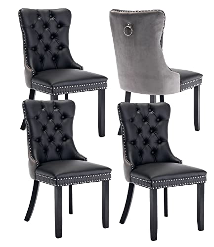 Grey Velvet and Black PU Upholstered Dining Chairs Set of 4 (Black 3)