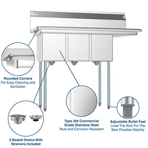 3 Compartment Stainless Steel NSF Commercial Kitchen Sink with Drainboard (Right Drainboard)