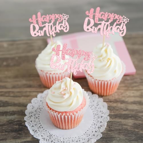 24Pcs Pink Light Pink Happy Birthday Cupcake Toppers for Baby Shower (24 Count)