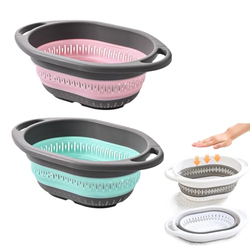 2 Pack Collapsible Silicone Colander Strainer (4L+4L / Green and Pink)