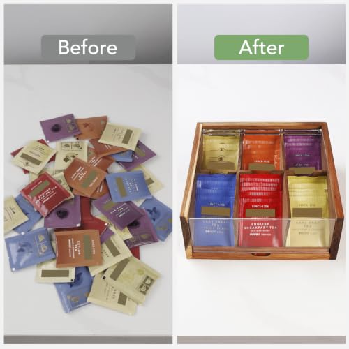 Acacia Wood Tea Bag Organizer Storage Box with 6 Compartments (Compact-Acacia Wood)