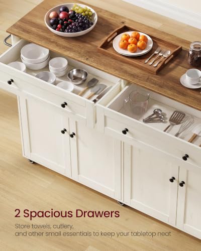 Mobile Kitchen Wooden Island Cart with Storage for Dining Room (Rustic White + Honey Brown / 15.8"D x 53.7"W x 35.1"H)