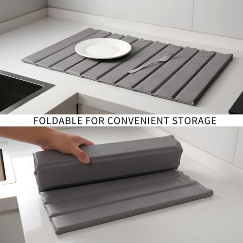 Stone Dish Drying Mat with PU Leather Surface for Kitchen Counter (Medium Gray / 24.8" x 15.7")