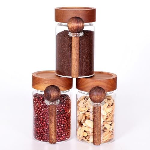 Glass Jar with Acacia Screw Lid and Spoon (Round/16oz*3/Acacia Screw Lid)