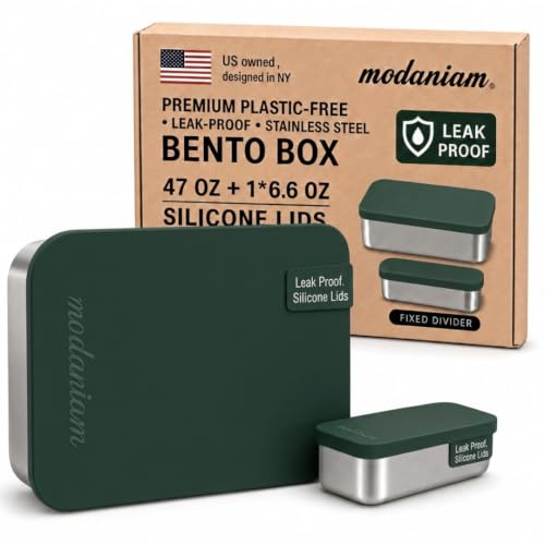Flexibento 47 OZ Leak proof Stainless Steel Lunch Box Containers with Silicone Lids (ZB-ForestGreen-47OZ-Setof2)