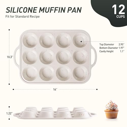 12 Cups Silicone Muffin Pan with Metal Reinforced Frame Regular Size Cupcake Pan Tray Egg Bites Silicone Circle Cookie Molds Muffin Tin Tart Pans Home Baking Supplies Stuff Necessities Cookware (1pc: 12-Cup Regular / Cream)