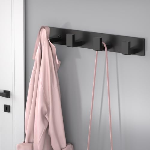 Stainless Steel Wall Coat Rack (Black / 4 "L" Hooks, 2PACK)