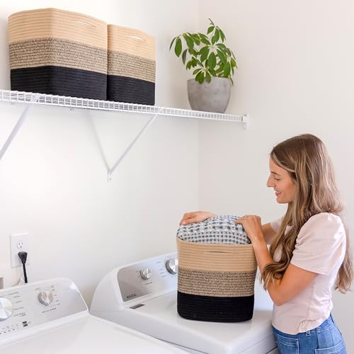 Storage Cubes 11 Inch Cotton Rope Woven Baskets for Organizing (3-Tone Black & Tan Brown)