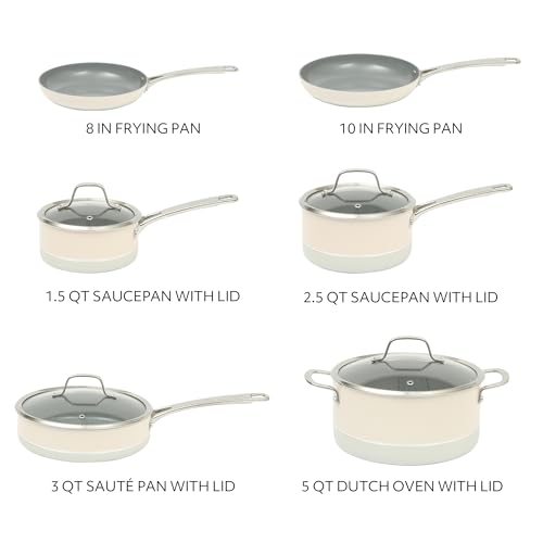 Kitchen Essentials Viva La Cantina 10 Piece PFA Free Titanium Ceramic Nonstick Interior Forged Aluminum Cookware Pots and Pans Set (Two-Tone White & Silver / 10-Piece Cookware Set)