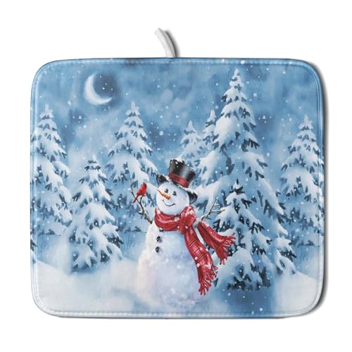Blue Snowman Dish Drying Mat Winter Pine Tree Drainer Rack Mats 16x18 Inch Absorbent Fast Dry Dish Pad Protector Kitchen Counter Accessories (Winter Blue Snowman / 16" x 18")