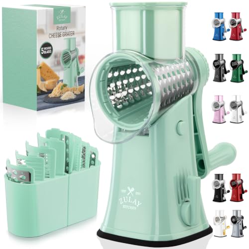 Rotary Cheese Grater Manual Hand Crank 5 Blade Shredder (5 Blades / Mint)