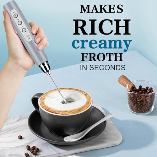 Milk Frother Wand Rechargeable Handheld Whisk Coffee 3 Speed Adjustable (Frother with stand / Cement Gray)