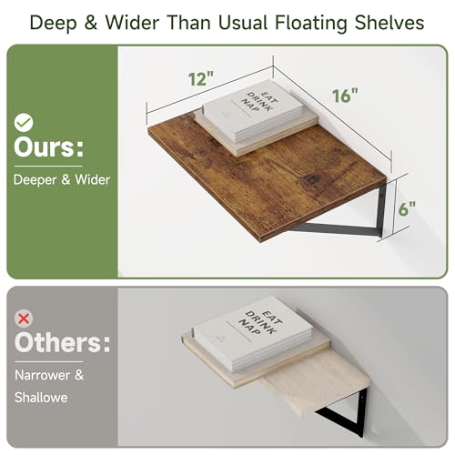 16W x 12D Deep Floating Shelves Set of 4 Rustic Brown (Rustic Brown With Black Metal Bracket / 16Wx12Dx5.8H)