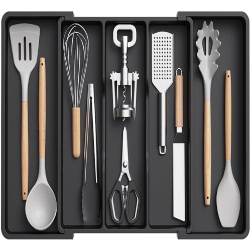 Utensil Organizer for Kitchen Drawers (Black / Medium Deep (11.5-20''W x 14.5"D))