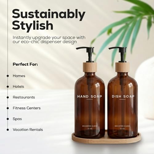 Amber Glass Hand and Dish Soap Dispenser Set by Brighter Barns (Amber Hd)