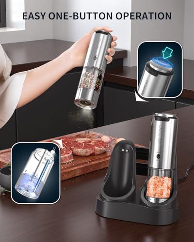 Rechargeable Salt and Pepper Grinder Set Stainless Steel Electric Pepper Grinders with Variable Grinding Speed (2-Speed Rechargeable Set with Charging Base)