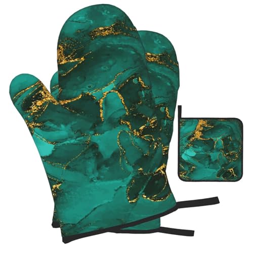 Turquoise Marble Oven Mitts and Pot Holders Sets of 3 Kitchen Decor (Green Marble)