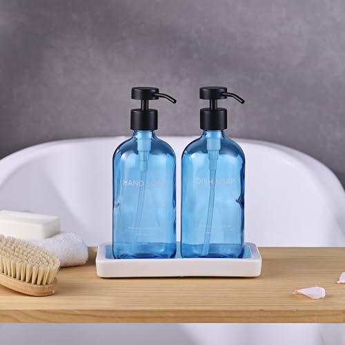 Glass Kitchen Soap Dispenser Set with Ceramic Tray (Blue Bottles + Black Pumps)