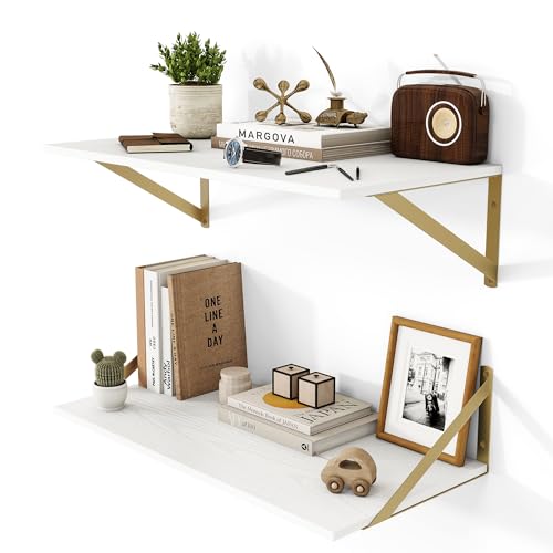 24W x 12D Deep Floating Shelves Set of 2 White & Gold (White With Golden Bracket / 24Wx12Dx5.8H)